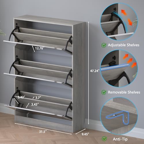 BORNOON Shoe Cabinet with 3-Flip Mirror Drawers, Freestanding Shoe Rack Organizer with Hidden Handle, Slim Narrow Shoe Storage Cabinet for Entryway, Entrance, Hallway, Bedroom