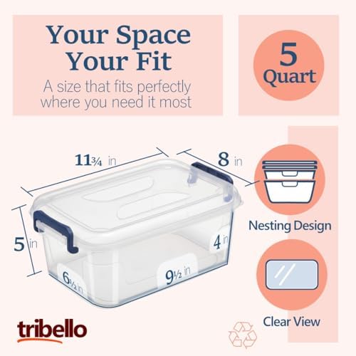 Tribello Small Storage Bins with Lids, 6-Pack Stackable Plastic Containers for Home Organization – Clear Totes for Closet and Underbed Storage, 5 Quarts