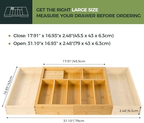 VaeFae Extra Large Kitchen Utensil Holder, Bamboo Silverware Drawer Organizer, Expandable Cutlery Organizer with Knife Block, Multifunctional Drawer Divider