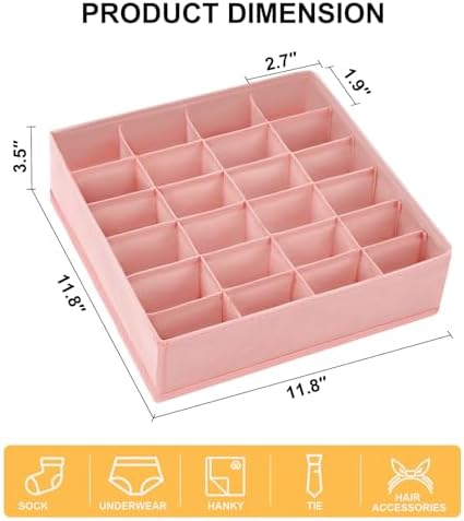 Sock Organizer 4 Pack - 24 Cell Foldable Underwear & Sock Storage, Drawer Organizer for Ties, Belts. (Pink)