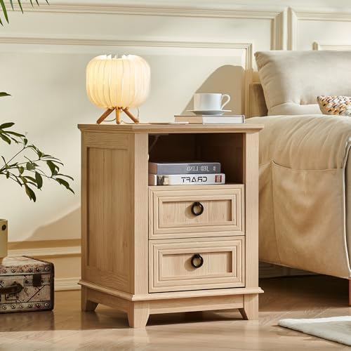 Joaxswe 18" Farmhouse Night Stand Set 2 with Charger Station & 2 Drawers | Nightstand with Storage, Bedside Table w/ 4 Wooden Legs, End Table Bedroom, Bed Side Tables for Living Room (Natural)