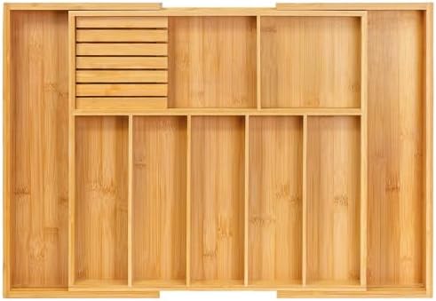 VaeFae Extra Large Kitchen Utensil Holder, Bamboo Silverware Drawer Organizer, Expandable Cutlery Organizer with Knife Block, Multifunctional Drawer Divider
