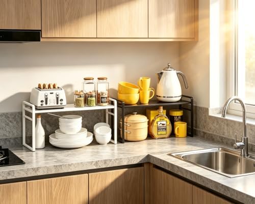 Expandable Cabinet Shelf Organizer Riser for Kitchen Under Sink Countertop