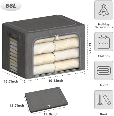 4 Pack Clothes Storage Bins with Metal Frame - 66L Stackable Storage Box with Lid，Foldable Storage Container Organizer for Clothes，Linen Fabric Storage Box with Clear Window＆Zippers＆Handles