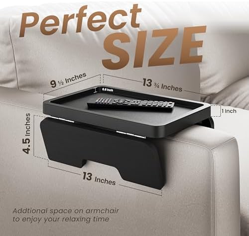 HOLANA Acacia Sofa Arm Tray Table, Double Hinge, Clip-On Couch Tray, Black | Solid Acacia Wood, Spacious Surface, Clips Securely with Double-hinge Grip, Foldable & Portable, Multipurpose, No Assembly
