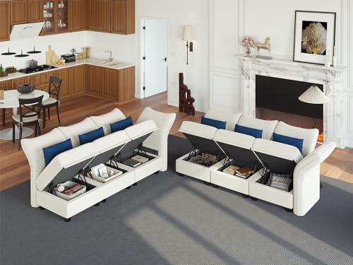 LLappuil Oversized Sleeper Sectional Sofa Couch, 102.2" 9-Seater Bed Shaped Modular Sectional Sofa with Storage Chaise, High Back Recliner Velvet Couches, Anti-Scratch White