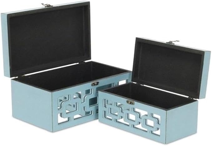 Pemberly Row Set of 2 Distressed Mirrored Wood Boxes, Blue Finish, Geometric Mirror Overlay, Hinged Lids, Synthetic Fabric Lining, Large and Small Keepsake Storage for Bedrooms, Entryways, or Mantles