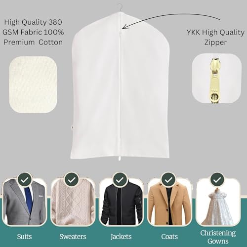 Premium 100% Cotton Garment Bags – 48" Off-White Canvas Suit Cover with YKK Zipper – Breathable, Dust-Proof Storage for Suits, Coats, Dresses, Jackets & Travel/Closet Use