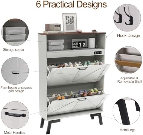 Shoe Cabinet with Deodorizer, Narrow White Entryway Storage, Anti-Tip