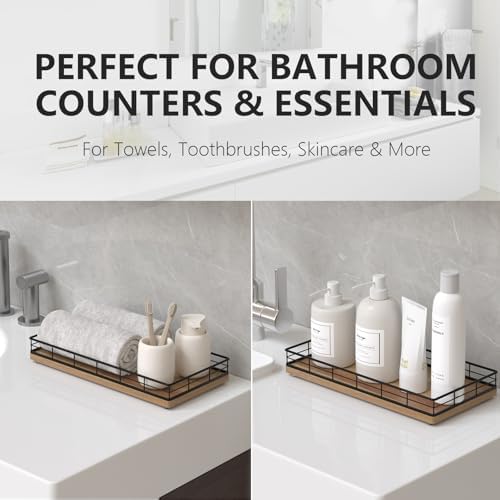 Toilet Paper Basket Organizer, Acacia Wood Toilet Tank Tray, Metal Frame
