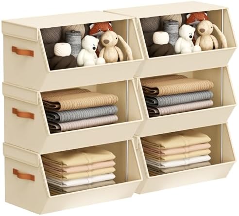 Stackable Closet Organizers and Storage Bins, Open Front Closet Shelf Organizer System With Steel Frame, Clothes Storage Basket Fabric, Collapsible Closet Drawers for Wardrobe, Nursery ,Toy, 6 Pack