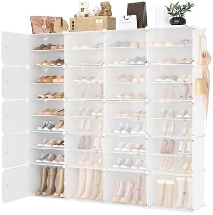 Portable Shoe Rack Organizer with Door, 80 Pairs Shoe Storage Cabinet Easy Assembly, Plastic Adjustable Shoe Storage Organizer Stackable Detachable Free Standing DIY Expandable 10 Tier White