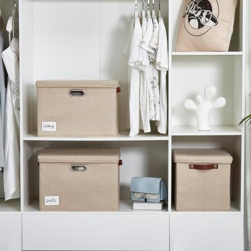 15" Fabric Storage Box with Lids, 3-Pack, Khaki