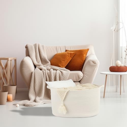XUANGUO Large Rectangle Woven Cotton Rope Blanket Basket 22"x17"x12" White | Storage basket for nursery and living room; toy basket for kids, dog toy storage, or laundry basket for clothes and towels.