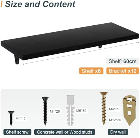 SKYSEN Floating Shelves for Wall Set of 6, 23.6in Wood Wall Shelf for Decor, Bathroom, Bedroom, Storage, Book,Kitchen, Living Room - Black(fs-60-b)