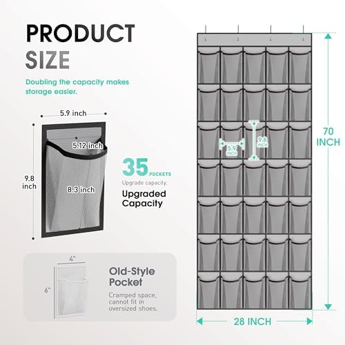 WVM Over the Door Shoe Organizer with 35 Breathable Mesh Pockets, Hanging Shoe Organizer for Door with 4 Metal Hooks, Large Capacity Closet Storage for Shoes, Accessories, Grey