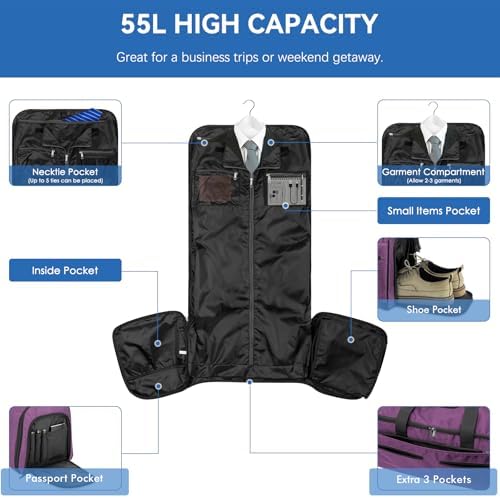 Large Garment Bag for Travel, Bukere Convertible Suit Travel Garment Duffel Bag for Women Business, Shoe Compartment, Detachable Shoulder Strap, 2 in 1 Hanging Suitcase Suit Travel Bags, Purple