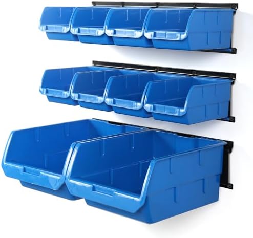 Wallmaster 10-Bin Wall Mounted Plastic Storage Bins Hanging Organizer Bins | Wall Parts Bins 10 Bins&3 Rails Tool Organizer Hardware Storage Organizer (Blue)
