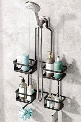 Aluminum Shower Caddy Hanging for Handheld Showerheads, Never Rust Shower Organizer with Hooks Holder Toothbrush Holder，Over Showerhead Caddy for Bathroom, Black