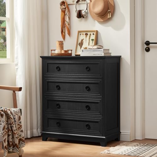 Joaxswe Farmhouse 4 Drawer Dresser for Bedroom, 35" Tall Chest of Drawers | Rustic Wood Dresser with Metal Handle, Storage Organizer Closet for Living Room, Hallway, Entryway, Black