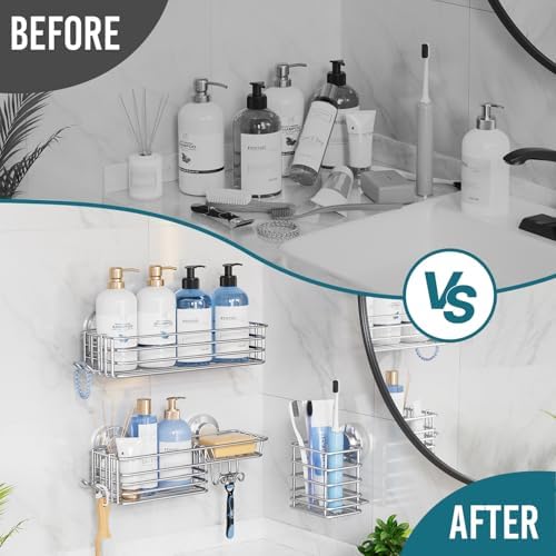 TAILI Shower Caddy Suction Cup, 3 Pack Shelves for Inside with Hooks | Rustproof Silver Storage, Soap Holder, Toothbrush Cups, Removable Bathroom Organizer