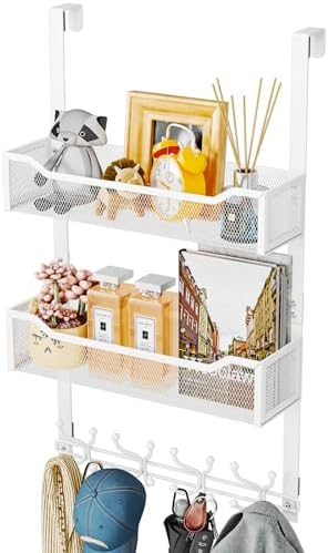 SWTYMIKI Over The Door Hook with 16 Hooks & 2 Mesh Baskets - Heavy Duty Over The Door Organizer Hanger for Towels, Coats, Clothes - Space Saving Hanging Rack for Bathroom, Living Room, White