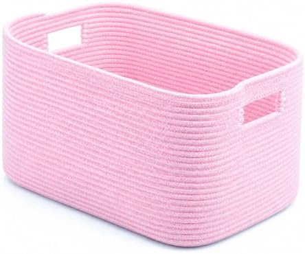 Cotton Rope Laundry Basket Small, 12.8GAL Collapsible Woven Storage Baskets for Living Room Kids Toys Stuffed Animal,Boho Rectangular Decorative Short Hamper for Dirty Clothes, Blankets Light Pink