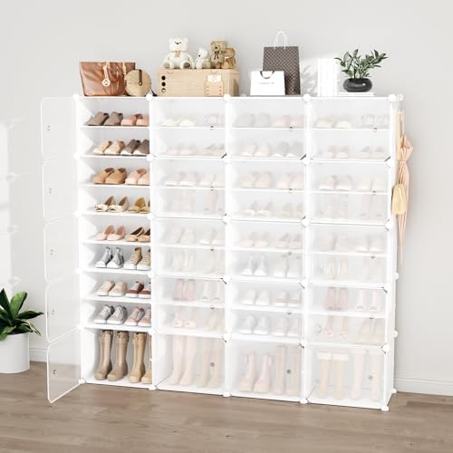 Portable Shoe Rack Organizer with Door, 80 Pairs Shoe Storage Cabinet Easy Assembly, Plastic Adjustable Shoe Storage Organizer Stackable Detachable Free Standing DIY Expandable 10 Tier White