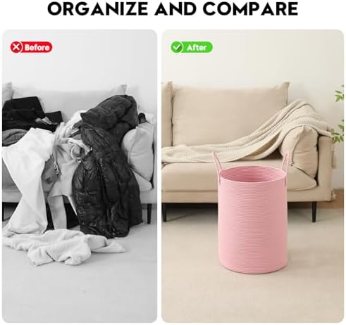 Laundry Basket Hamper Tall Rope Storage Woven for Blanket toys Dirty Clothes in Living Room Bathroom Bedroom (Pink, 80L/21.3Gal)