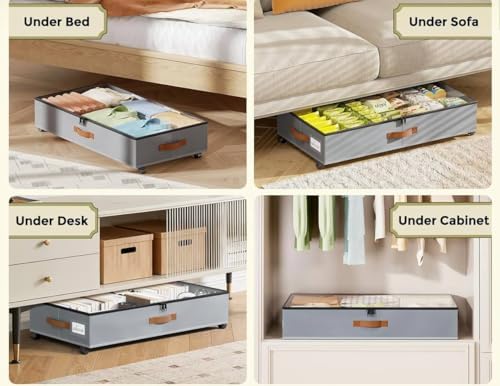 Under Bed Storage with Wheels (2-Pack) - 33.3" x 16.5" x 6.7" Low-Profile Fabric Underbed Storage Containers, Rolling Organizer Bins with 360° Rotating Casters for Books, Clothes, Shoes & Blankets