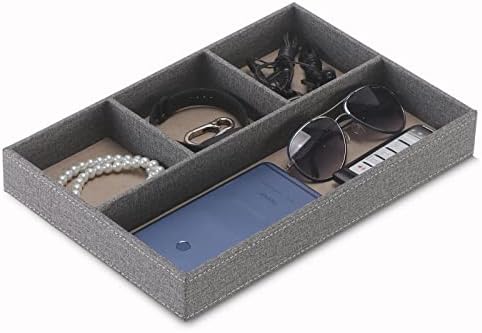 Desktop Storage Organizer, Bedside Table or Storage rack Leather Tray, Valet Tray, Dresser Organizer, 4 Compartments,PU Leather Drawer Storage Organizer Decorative Trays. (gray)