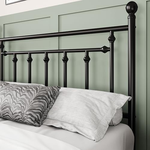 Allewie 14'' Full Size Metal Platform Bed Frame, Vintage Headboard, Black