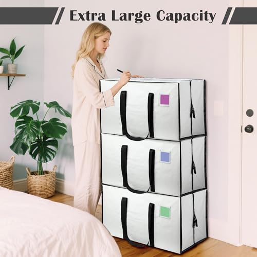 6 Pack Moving Bags Heavy Duty 210GSM with Full-Open Side Zipper, 93L 65lbs Waterproof Foldable Storage Totes for College Dorm Move-In, Moving Boxes Alternative & Home Organization,White