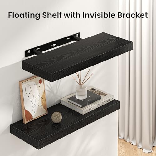 FLYJOE Floating Shelves for Wall, 55"W x 9.3"D x 1.5"H, Long Wooden Wall Mounted Display Shelves with Invisible Brackets for Living Room, Bedroom, Bathroom, Kitchen Decor and Storage, Set of 1, Black