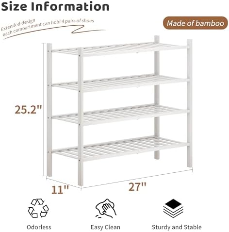 Bamboo Shoe Rack Stackable Shoe Shelf Storage Organizer for Unit Entryway Hallway and Closet Sturdy Freestanding Shoe Shelf(4 Tier White)