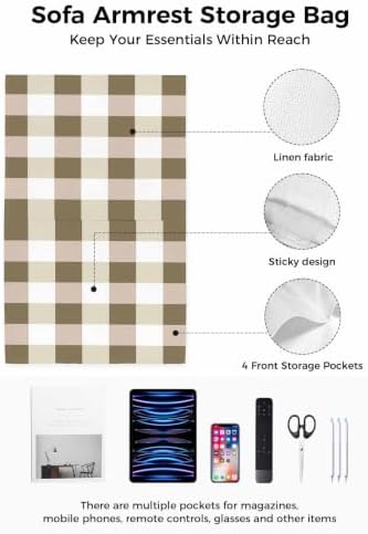 Sofa Armrest Organizer Bedside Caddy Brown White Buffalo Plaid Armchair Couch Caddy with Pocket Remote Control Holder Classic Checked Arm Chair Caddy for Recliner Glasses Phone Tablets 20"x35"