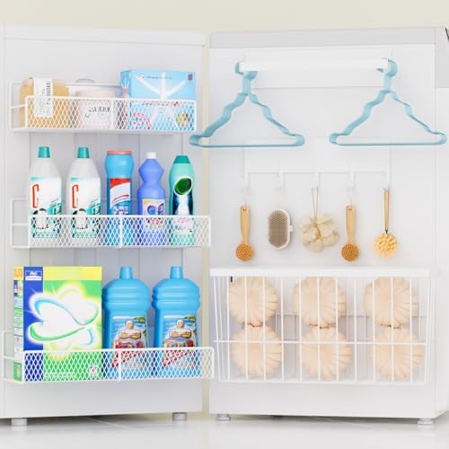 6 Pack Magnetic Shelves for Washing Machine, Magnetic Spice Rack Organizer for Refrigerator, Magnetic Shelf with Hanger Organizer, Metal Magnetic Basket, Laundry Organization and Storage, White