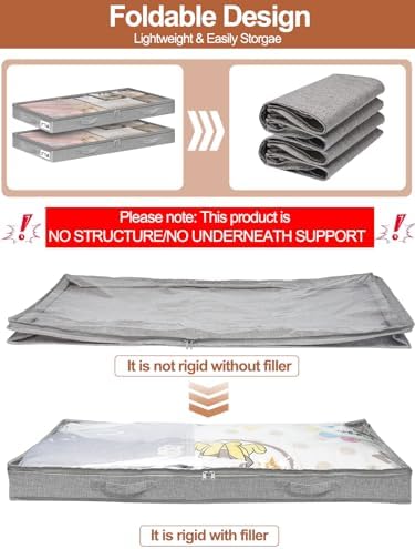 punemi 3 inch High Soft Low Profile Under Bed Storage Bins, 2 Pack, Grey
