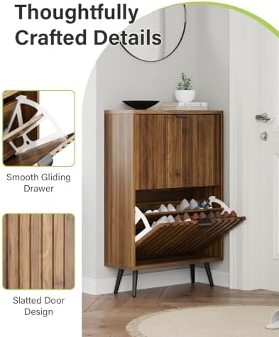 Smart FENDEE Fluted Shoe Storage for Entryway, Walnut Hidden Cabinet with Metal Legs, Organizer with Flip Doors, Slim Entryway Storage