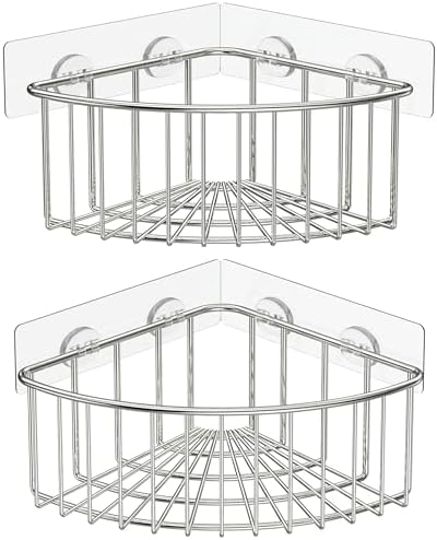 SMARTAKE 2-Pack Corner Shower Caddy Deep Basket, SUS304 Stainless Steel | Wall Mounted Bathroom Shelf with Adhesive, Storage Organizer for Toilet, Dorm and Kitchen , Silver
