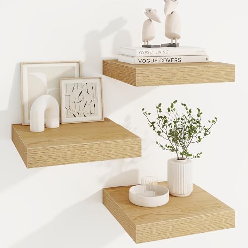 Marsmiles Square Floating Shelves for Wall, 12" W x 12" D x 1.5" H, 3 Pack Small Wall Mounted Engineered Wood Shelves with Invisible Brackets for Living Room, Bedroom, Bathroom, Kitchen Decor, Oak