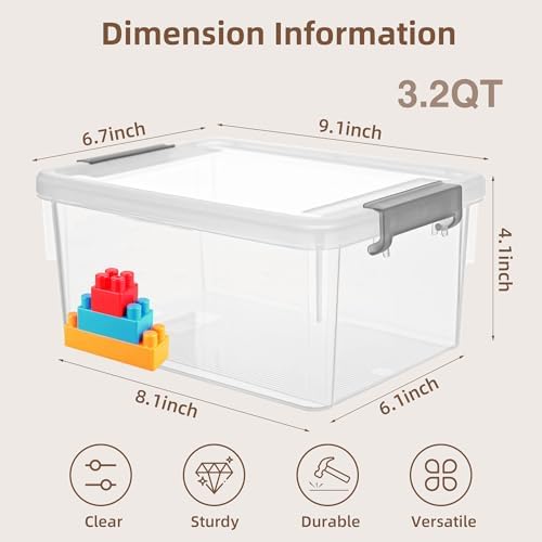 8Packs 3.2Qt Small Clear Storage Bins with Lids, Plastic (Pack of 2)