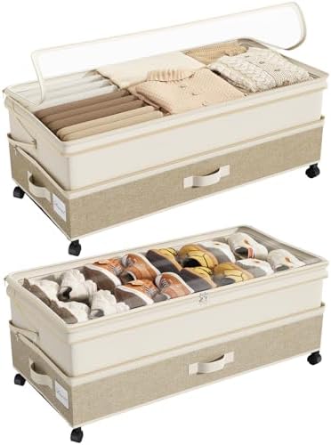 Kitstorack 2Pack Height-adjustable Under Bed Storage with Wheels, Under Bed Storage Containers,Under Bed Shoe Storage Organizer with Clear Window&Label, Suitable for Clothes Storage, Beige & Linen