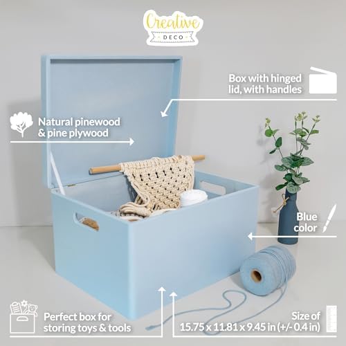 Creative Deco Large Blue Wooden Box Storage with Hinged Lid