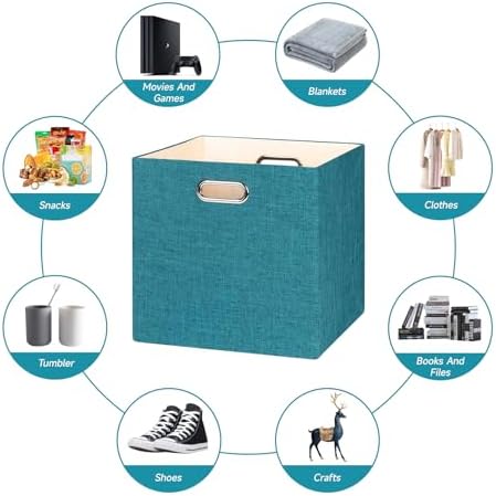 Posprica Collapsible Storage Bins,13×13 Foldable Storage Cube Boxes Fabric Drawer Fabric Storage Bins Vinyl Record Cubby Cubes with Handles for Bookcase, Closet, Shelf, Cabinet, 4 Pack