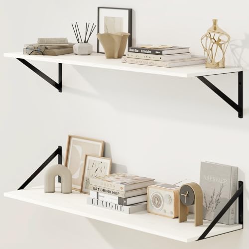 Fun Memories Deep Floating Shelves for Wall, 36W x 8D Wall Mounted Shelves Set of 2, Wide Display Ledge Shelf with Sturdy Metal Brackets for Living Room, Bathroom, Bedroom and Kitchen, White