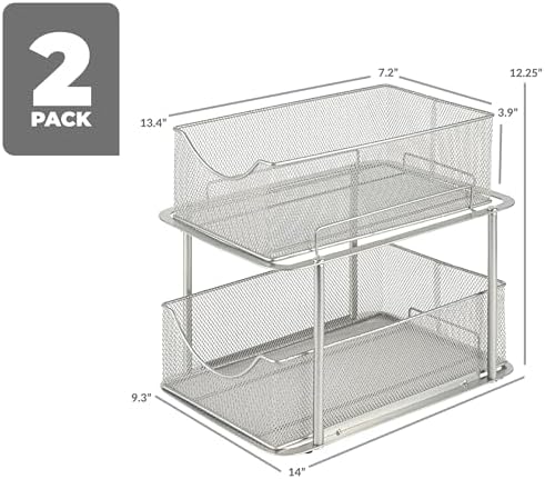 Sorbus Pull-Out Under Sink Organizer, Mesh Construction (Silver, 2 Pack) | Two-tier metal organization with strong steel and sliding drawers for bathrooms, kitchens, cabinets, closets and pantries.