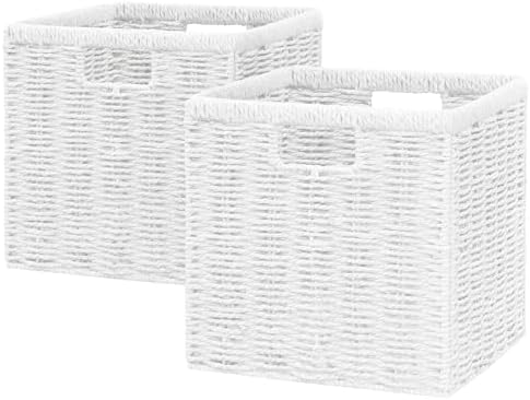 Vagusicc 11 inch Wicker Basket, Set of 2 Handwoven Storage Cubes with Handles, Foldable Paper Rope Storage Baskets for Organizing, Shelves, Bathroom, White