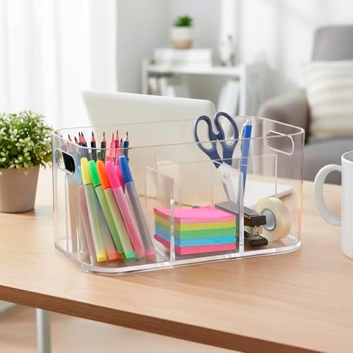 STORi Bliss 5-Compartment Plastic Cosmetics Storage Organizer | Clear | Rectangular Divided Makeup Bin & Vanity Caddy with Pass-Through Handles | Round Corner Design | Made in USA