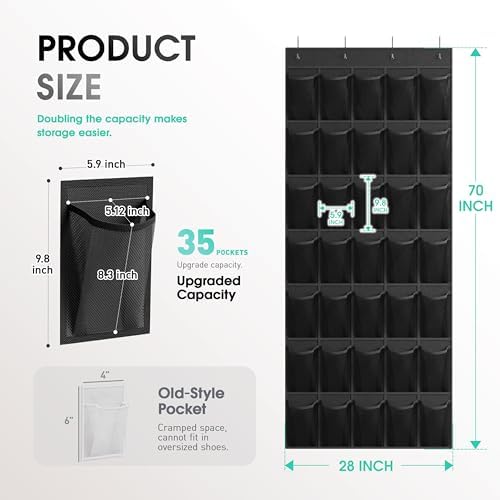 WVM Over the Door Shoe Organizer with 35 Breathable Mesh Pockets, Hanging Shoe Organizer for Door with 4 Metal Hooks, Large Capacity Closet Storage for Shoes, Accessories